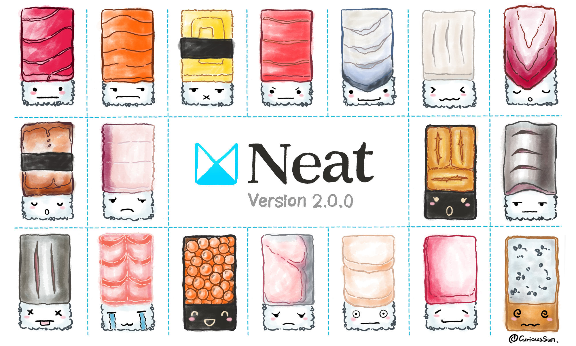 An illustration of cartoon sushi celebrating
  the release of Neat 2.0 from thoughtbot